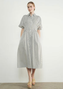 Striped Button Front Pleated Midi Dress