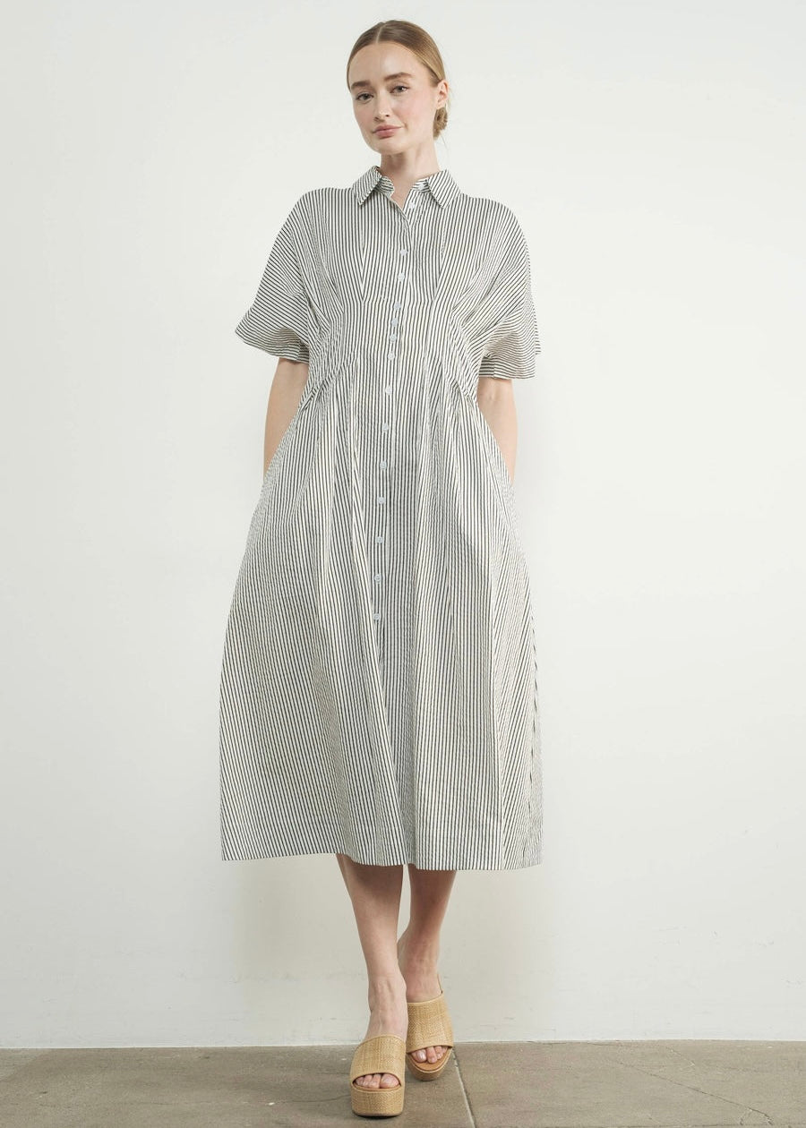 Striped Button Front Pleated Midi Dress