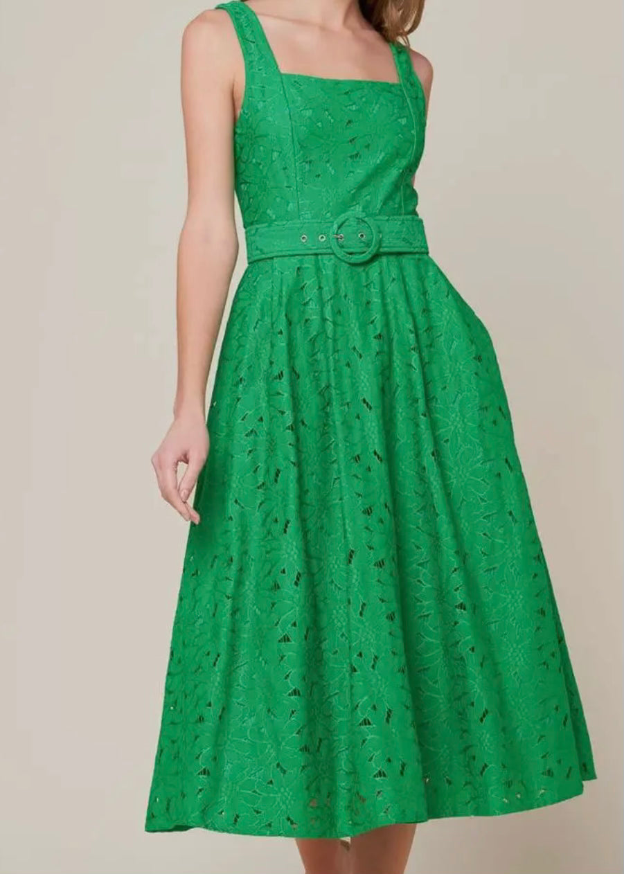 Green Woven Belted Midi Dress