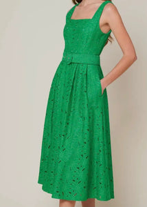 Green Woven Belted Midi Dress