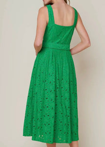 Green Woven Belted Midi Dress