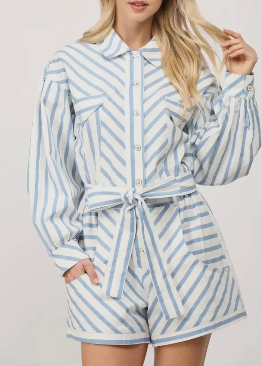 Blue And White Striped Tie Waist Romper