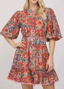 Floral Belted Puff Sleeve Dress
