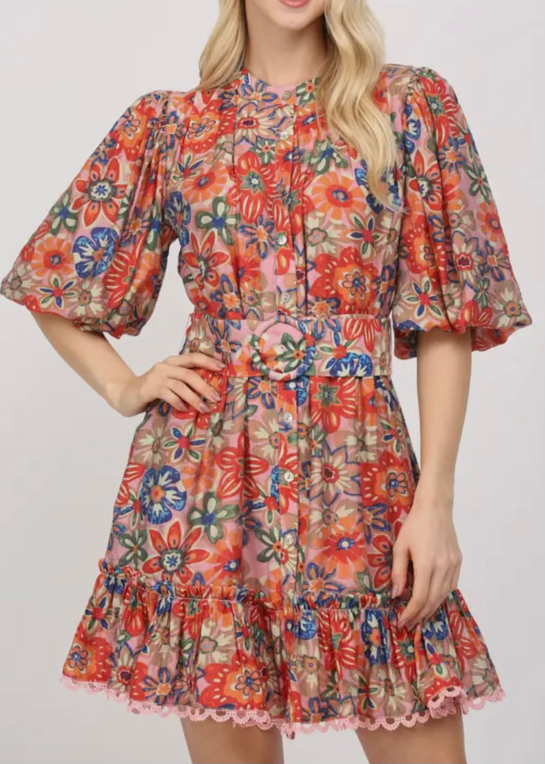 Floral Belted Puff Sleeve Dress