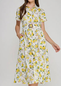 Lemon Print Belted Midi Dress
