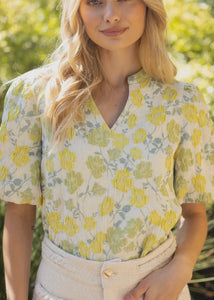 Floral Jaquard Puff Sleeve Top