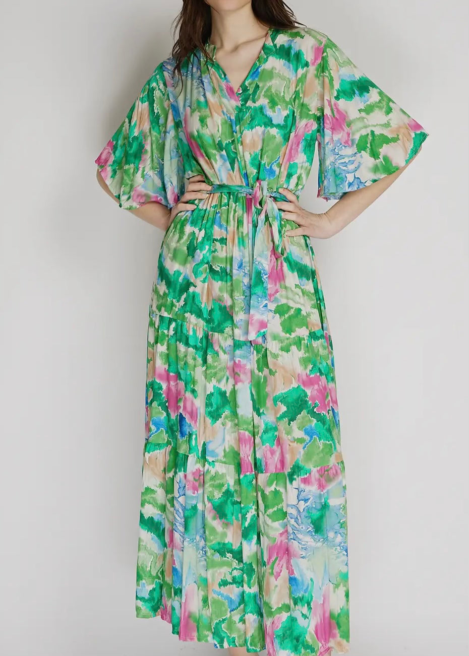 Green Belted Print Dress