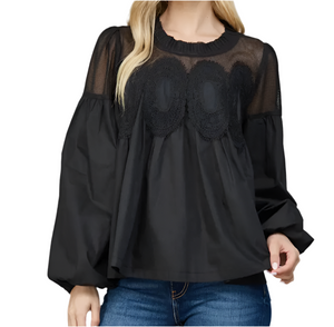 Lace Applique Detail Mixed Media Blouse