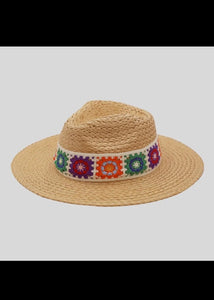 Taupe Floral Crochet Band Straw Hat