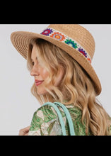 Load image into Gallery viewer, Taupe Floral Crochet Band Straw Hat
