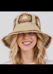 Floral Crochet Straw Bucket Hat