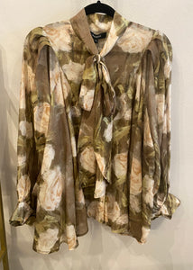Printed Balloon Sleeve Button Down Tie Detail Top