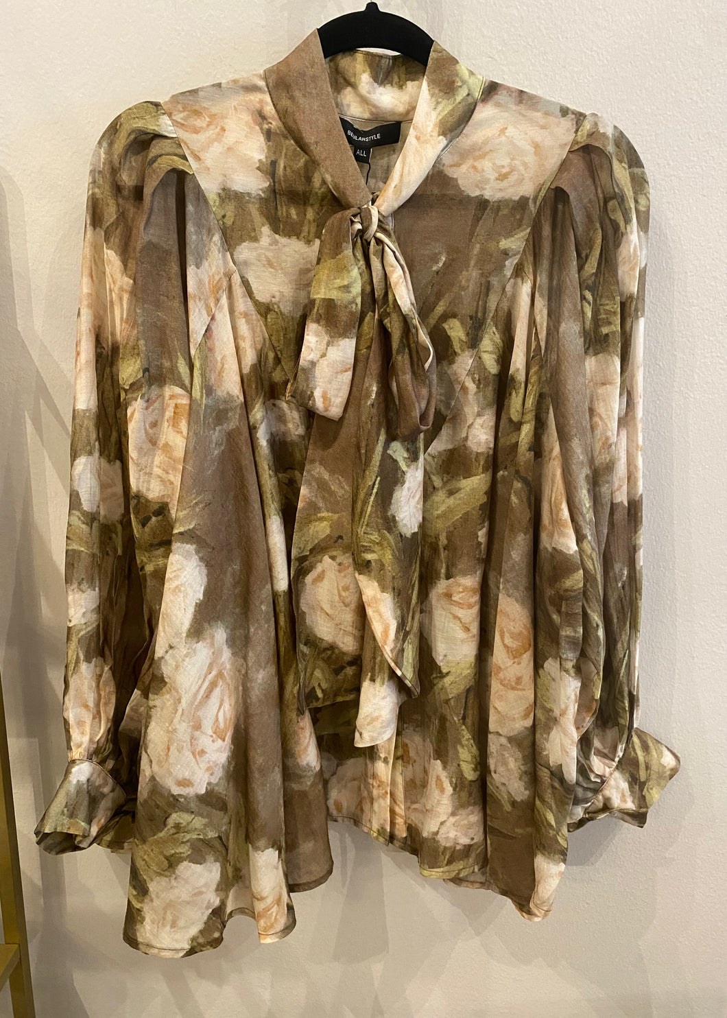 Printed Balloon Sleeve Button Down Tie Detail Top