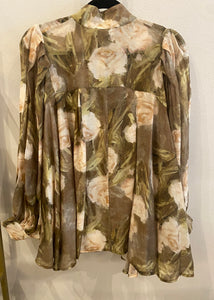 Printed Balloon Sleeve Button Down Tie Detail Top