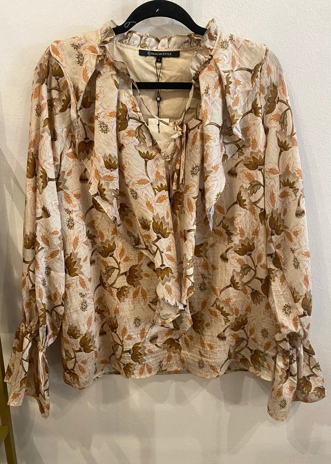 Printed Bell Sleeve Ruffle Detail Top
