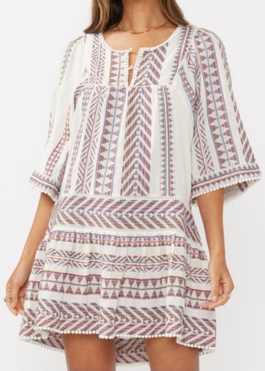 Stripe Jaquard Pom-Pom Lace Mini Dress