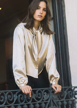 Load image into Gallery viewer, Tie Neck Button Down Cropped Blouse
