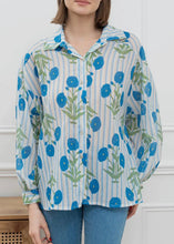Load image into Gallery viewer, Striped Floral Cotton Voile Button Down Top
