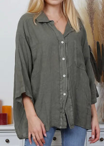 Olive Oversized Linen Button Down Shirt