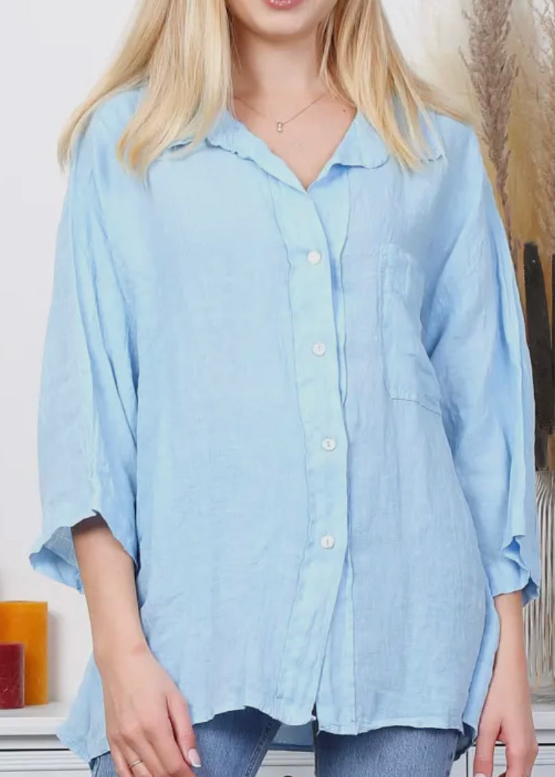 Blue Oversized Linen Button Down Shirt
