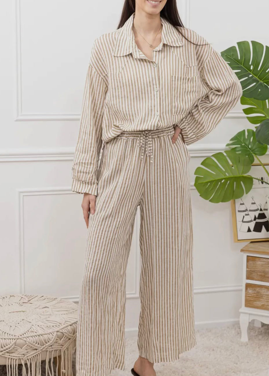 Taupe Striped Linen Button Down Top