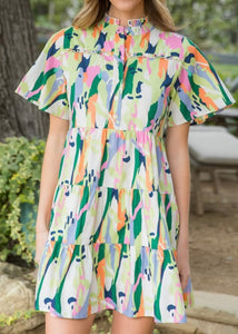 Ruffle Sleeve Abstract Print Dress