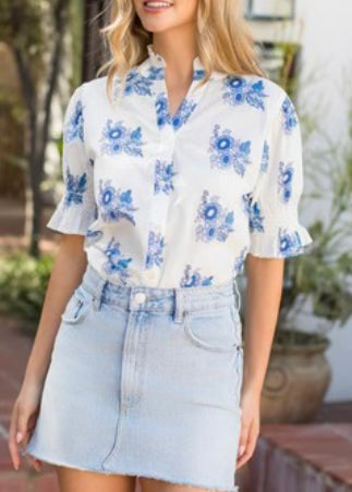 Floral Puff Sleeve Button Up Top