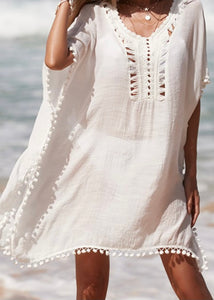 White Coverup With Pom-Pom Trim
