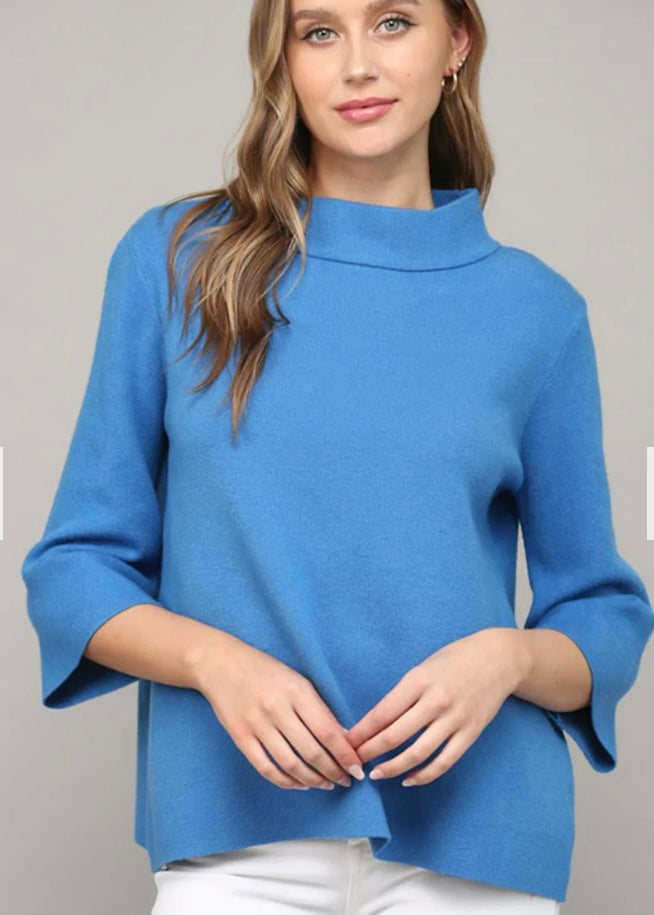 French Blue Mock Neck Bell Sleeve Sweater