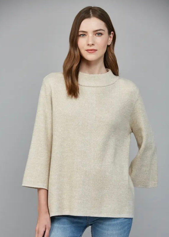 Cream/Gold Metallic Mock Neck Bell Sleeve Sweater